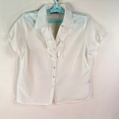 Joanna Ruffled Button Blouse Size PS White Poly USA Made Vintage • $21.95