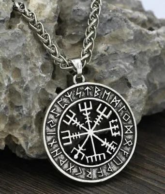 New Mens Norse Viking Rune Vegvisir Compass Pendant Necklace Stainless Steel • $9.88