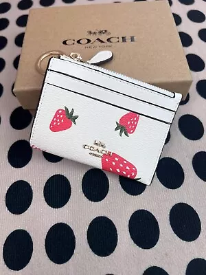 Coach Strawberry Leather Card Case Business Card Holder Mini Wallet Wh Keychain • $35.79