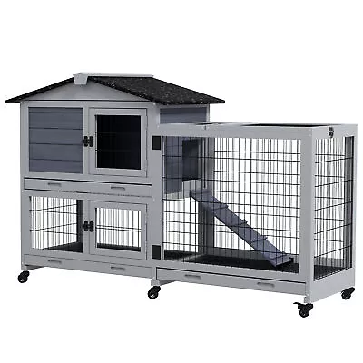 PawHut Large Rabbit Hutch Outdoor Indoor W/ Wheels Three Slide-Out Trays Ramp • £144.99