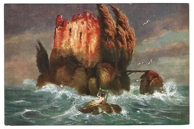 MERMAID & HARP Postcard CASTLE IN SUNLIGHT Romantic Island SEA SURF Bridge/Birds • $7.95