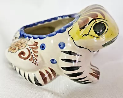 Tonala Frog Ceramic Pottery Planter Mexico Signed 5  X 4.25 X 3  Yellow Blue Brn • $19.50