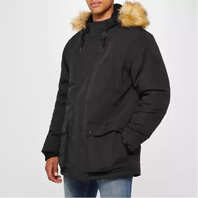 Firetrap Mens Padded Faux Fur Hooded Parka - Black / Small • $44.19