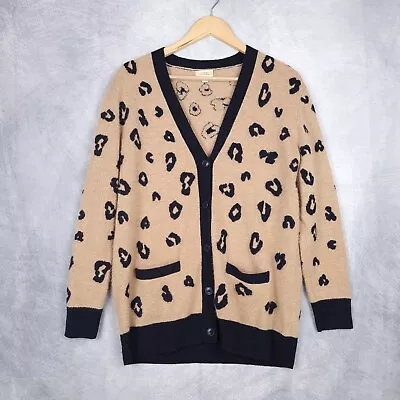 J Crew Cashmere Cardigan Sweater Womens Small Brown Leopard V Neck Boyfriend • $37.88