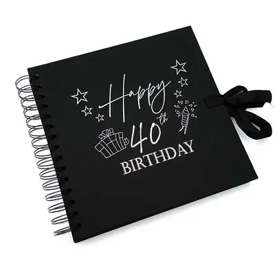 40th Birthday Present Black Scrapbook Guest Book Photo Album Silver Script • £14.99