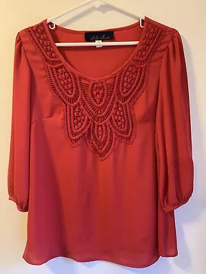 Vtg Blue Rain Peasant Blouse Top Size M Womens Red Puffy Sleeve Crochet Front • $12.99