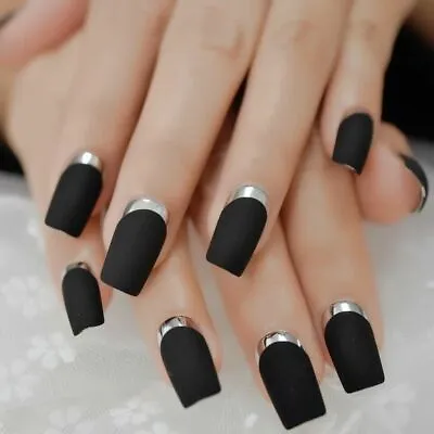 False Nails Matte Black Red Long French Manicure 24 Fake Nails Medium Tips Uk • £3.99