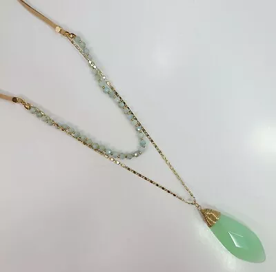 N0249 Beads Deco Double Layered Mint Stone Design Pendant Boho Long Necklace • $8.99