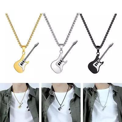 Stainless Steel Men's Guitar Pendant Necklace For Music Lover Street Fashion • £8.72