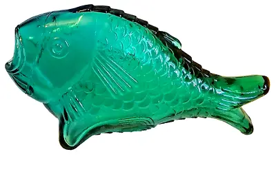 Vintage Blue Green Art Glass Fish Vase Open Mouth  7.5  L X  4.25  H • $24.99