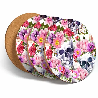 £7.99 • Buy 4 Set - Pink Flowery Sugar Skull Coasters - Kitchen Drinks Coaster Gift #13088