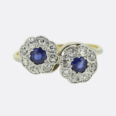 Art Deco Double Sapphire And Diamond Cluster Ring - 18ct Yellow Gold & Platinum • £1875