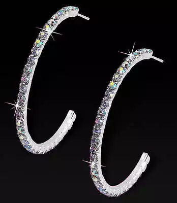 Delilah: 52mm Aurora Borealis Crystal Rhinestone Hoop Post Earrings Silver • $12.99