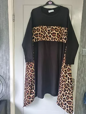 BLACK / ANIMAL PRINT LAGENLOOK TUNIC /DRESS  L/xL 48in Chest MADE IN ITALY • £7.99