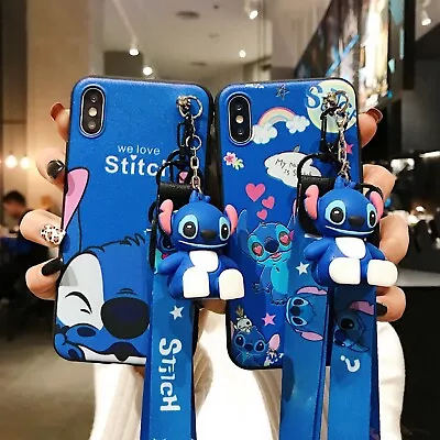 Cute 3D Cartoon Stitch Doll Pendant Stand + Strap Case Cover For Various Phone • £4.79
