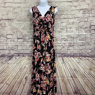 Rafaella Maxi Dress Womens Small Black Floral V Neck High Slit Sleeveless • $15.99