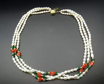 Vintage Triple Strand Genuine Rice Pearl Coral & Jade Necklace 18.5  Long • $25.95