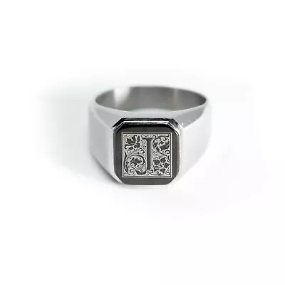 Stainless Steel Floral Monogram Letter J Mens Square Biker Flat Top Signet Ring • $14.50