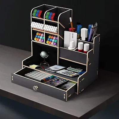 Office Study Desk Organizer Table Box Tidy Case Wooden Pen Pencil Storage Holder • £9.89
