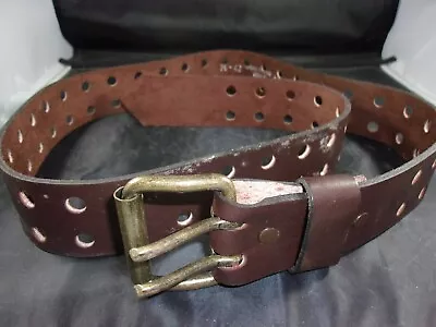 Men Women Double Prong Leather Belt Vintage Metal Buckle 2 Row Holes 36-42 • $7.50