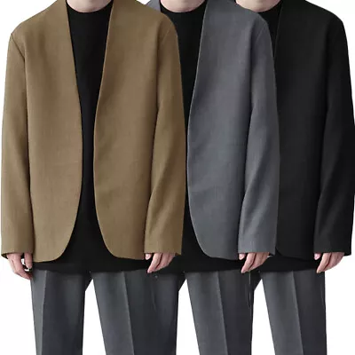 UK 8-24 Men Long Sleeve Collarless Blazer Coat Casual Loose Holiday Coat Jacket • £13.93