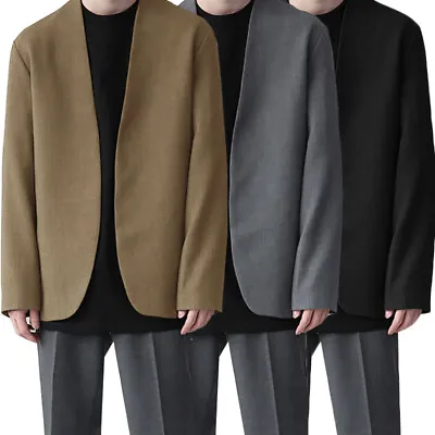 UK STOCK Men Long Sleeve Collarless Blazer Coat Casual Loose Holiday Coat Jacket • £17.57