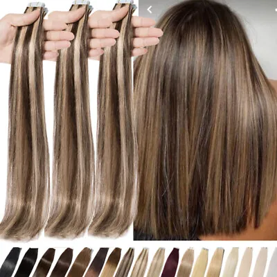 Straight Tape In 100 Human Hair Extensions Remy Skin Weft Full Head 40Pcs THICK • $24.46