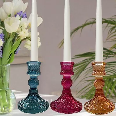 Coloured Jewel Glass Candlestick Holders Set Of 3 Church Candle Table Decoration • £13.95