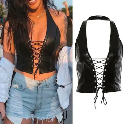 Women Punk Sleeveless Crop Top Halter Backless Faux Leather Lace-Up Hollow Vest • £6.90