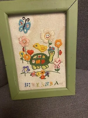 Crewel Needlepoint Turtle Butterfly  Green Wood Frame 1977 Cottage Chic • $21