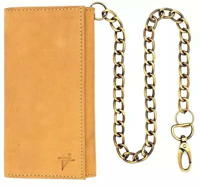 Mens Tri-fold Chain Wallet With Snaps Biker Long Style Crazy Horse Cow Leather • $24.99