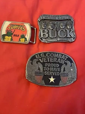 Lot Of 3 Vintage Metal Men's Belt Buckles Lee Buck Knives US Combat Veteran • $35