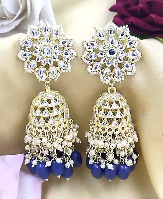 Gold Plated Bollywood Indian Kundan Big Jhumka Blue Earrings Jewelry Set • $39.99