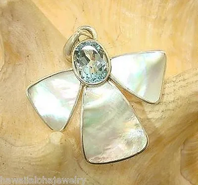 Marta Howell Solid 925 Silver White Lip Mother Of Pearl Blue Topaz Angel Pendant • $160