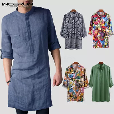 Men's Kurta Collarless Shirt Floral Printed Party Formal Short Kaftan Tunic Tops • £8.88
