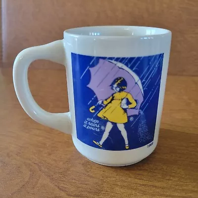 Vintage 1968 Morton Salt Coffee Mug Cup Umbrella Girl “When It Rains It Pours   • $9.25