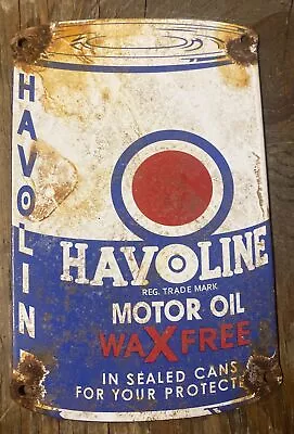 9 1/4” X 5 3/4” HAVOLINE MOTOR OIL Die Cut Can Porcelain Metal Sign • $0.99