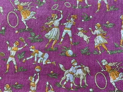 VINTAGE CHILDREN PLAYING~Thin Cotton Fabric~MEDIEVAL~Magenta~HOOPS~BALL~DOG~ • $34.98