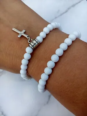 £3.45 • Buy CROSS Charm Bracelet SET Tibetan Silver White Bead Stretch Stacking  Friendship
