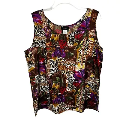 Vintage Stunt Silk Animal Floral Print Scoop Neck  Sleeveless Shell Tank Large • $14.99