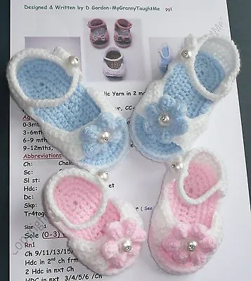 *Crochet PATTERN*Baby Peep Toe Sandal/Shoes-inc.Flowers/Bows-0 To 12mths-4 Sizes • £2.50