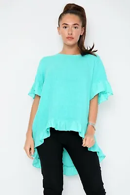 New Womens Casual Linen Quirky Lightweight Comfy Frill Hem & Sleeves Tunic Top • £20.99