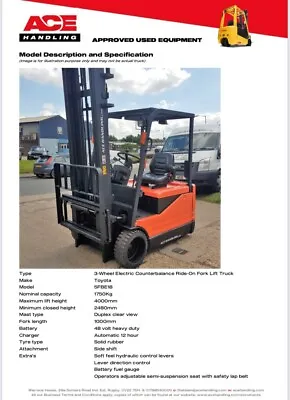 Toyota 5FBE18 3W Electric Forklift Hire-£62.50pw Buy-£7250 HP-£55.45pw AH1160 • £7250