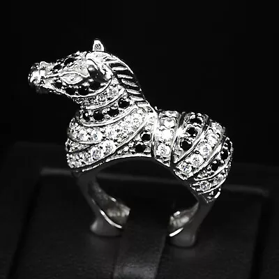 Exquisite Sapphire Diamond Cut 925 Sterling Silver Handmade Zebra Ring Size 6.75 • $27.99