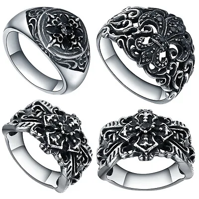 Men's Stainless Steel Vintage Cross Fleur De Lis Black Crystal Ring (US Seller) • $11.38