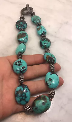 VTG Sterling Silver Marcasite Chunky Turquoise Bead Necklace  • $75