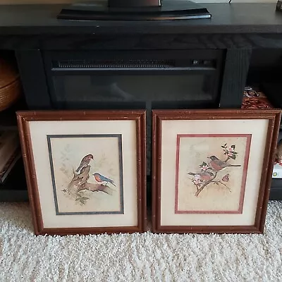 PAIR Vintage F. Massa Prints Birds Flowers & Butterfly Faux Bamboo Frames • $29.95