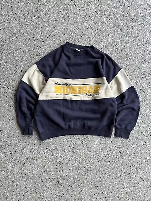 Vintage 90s Michigan Wolverines College Crewneck Sweatshirt Graphic Navy Size XL • $45
