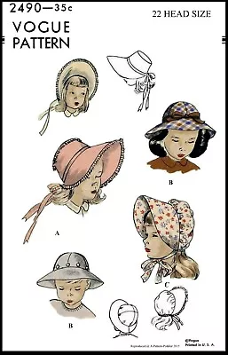 Vogue 2490 PATTERN GIRLS Bonnets Hats Caps BABY Toddler • $5.99