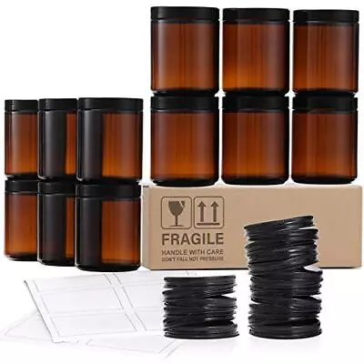 12 Pack 8 OZ Thick Amber Round Glass Jars With 12 Metal Lids & 12 Plastic Lids • $27.86